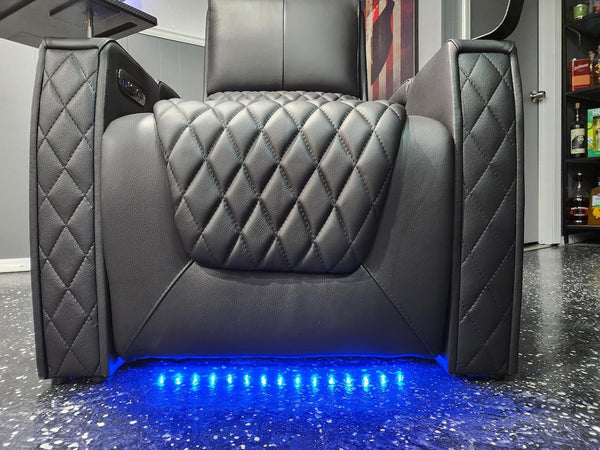 Cinema seats with blue LED lights on the bottom